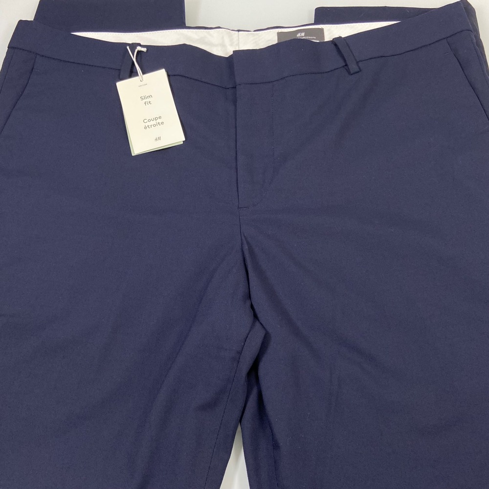 H&M‎ Men Navy Blue Slim Fit Dress Pants Size 42R Flat Front Chino New